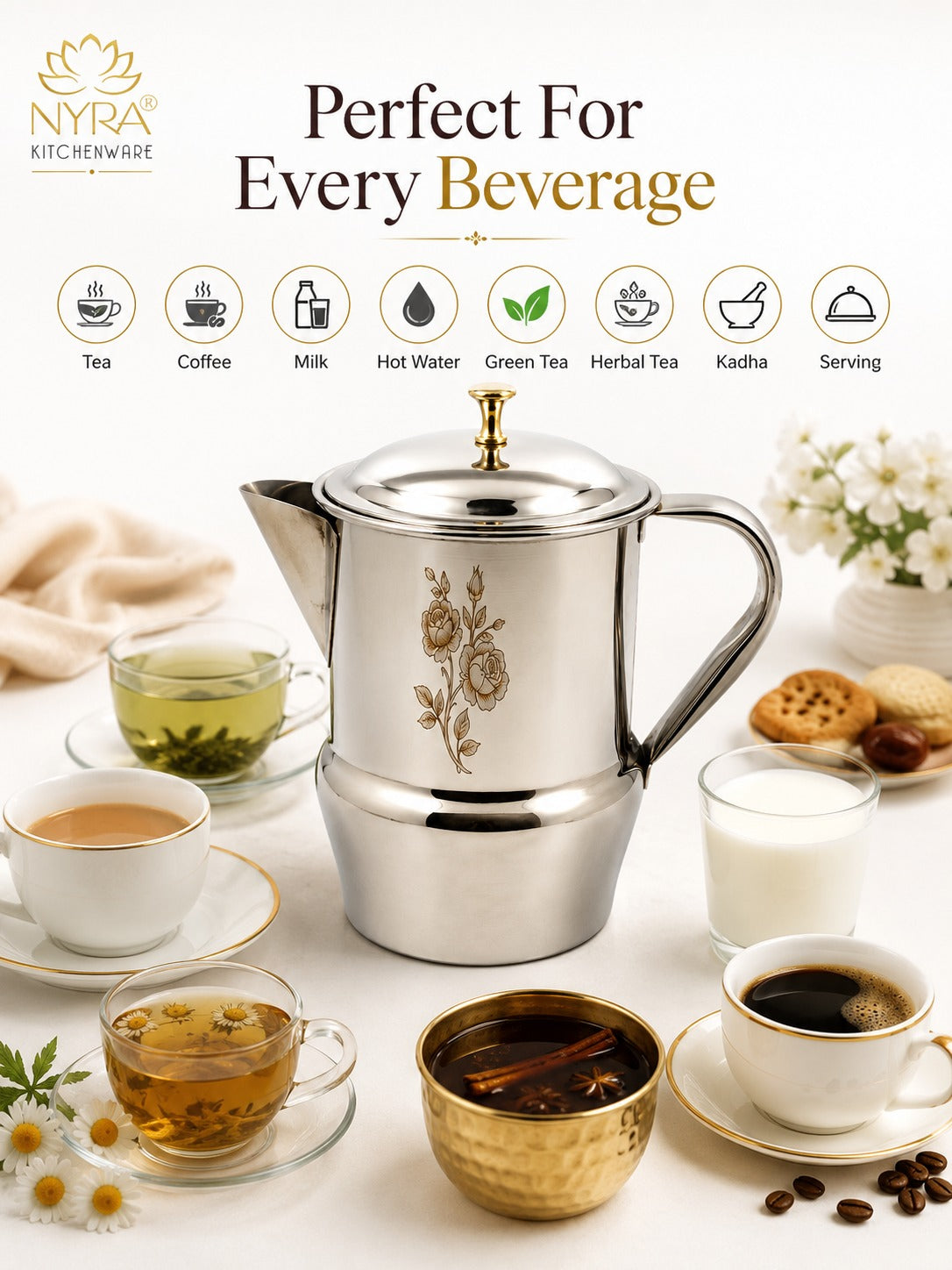 Stainless Steel Tea/Coffee Pot | Lazer Floral Print with Brass Knob