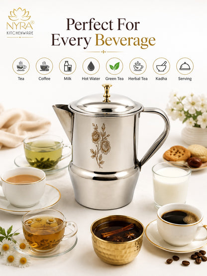 Stainless Steel Tea/Coffee Pot | Lazer Floral Print with Brass Knob