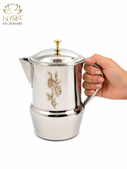 Stainless Steel Tea/Coffee Pot | Lazer Floral Print with Brass Knob