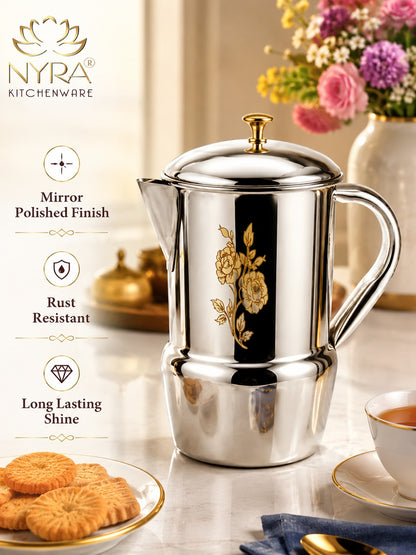Stainless Steel Tea/Coffee Pot | Lazer Floral Print with Brass Knob