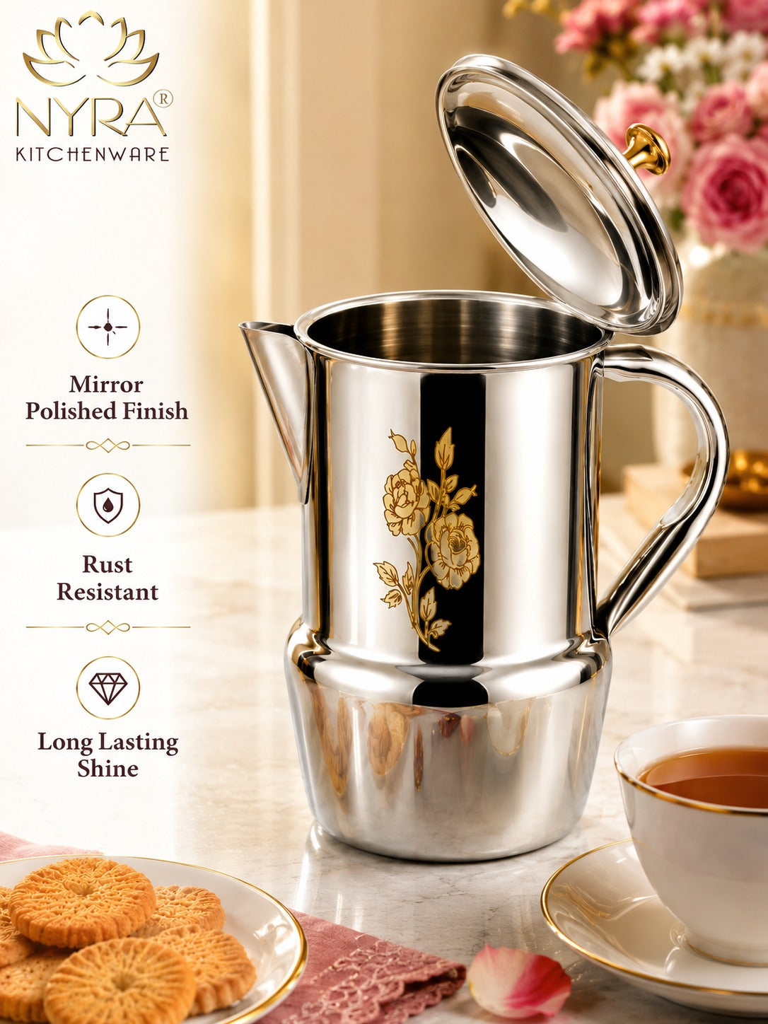 Stainless Steel Tea/Coffee Pot | Lazer Floral Print with Brass Knob