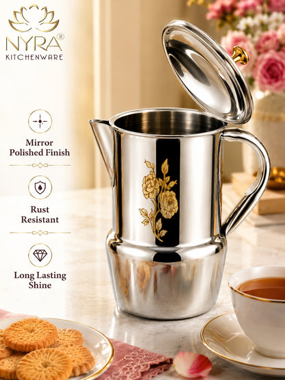 Stainless Steel Tea/Coffee Pot | Lazer Floral Print with Brass Knob