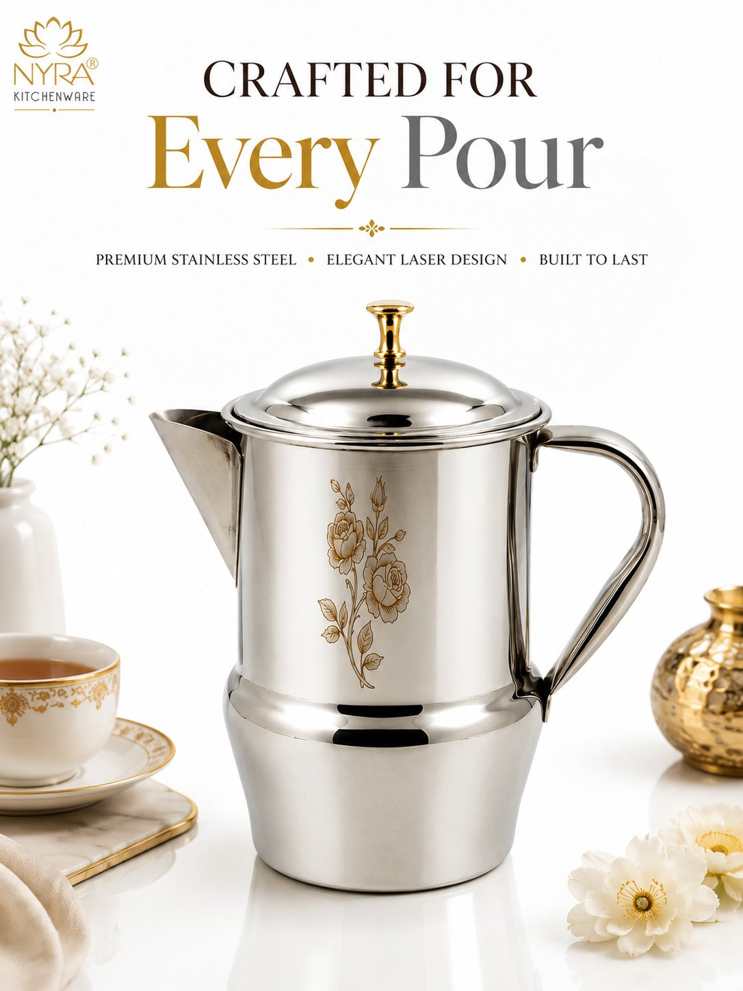 Stainless Steel Tea/Coffee Pot | Lazer Floral Print with Brass Knob