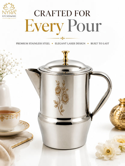 Stainless Steel Tea/Coffee Pot | Lazer Floral Print with Brass Knob