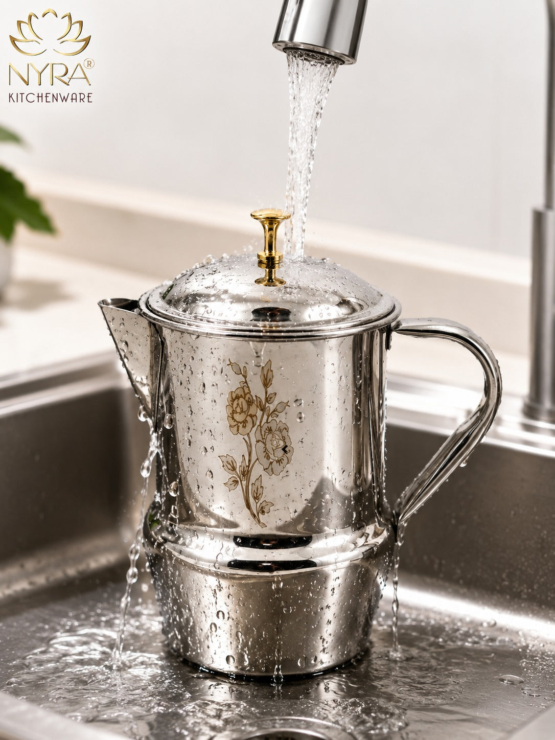 Stainless Steel Tea/Coffee Pot | Lazer Floral Print with Brass Knob