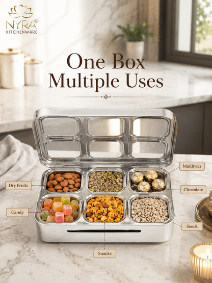 Stainless Steel 6 Compartment Dry Fruit/Spice Box for Kitchen Organization - See-Through Lid Masala/Snacks/Dry Fruit Box