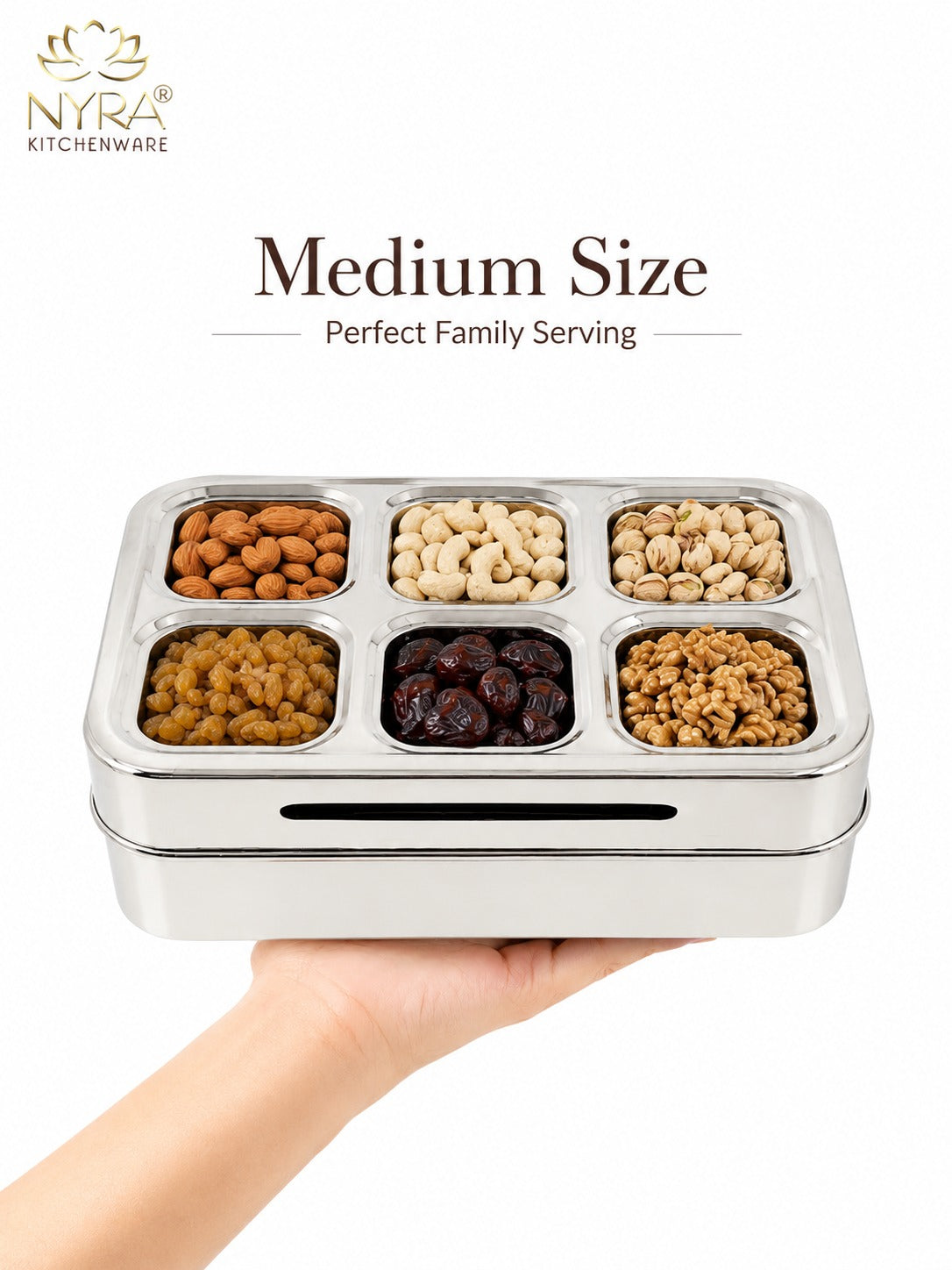 Stainless Steel 6 Compartment Dry Fruit/Spice Box for Kitchen Organization - See-Through Lid Masala/Snacks/Dry Fruit Box