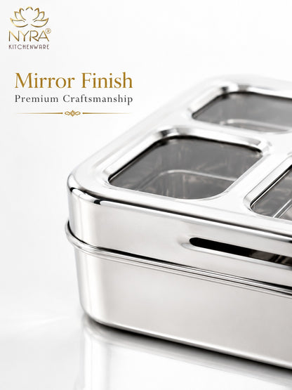 Stainless Steel 4-Compartment Dry Fruit Box with See-Through Lid
