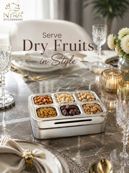 Stainless Steel 6 Compartment Dry Fruit/Spice Box for Kitchen Organization - See-Through Lid Masala/Dry Fruit Box