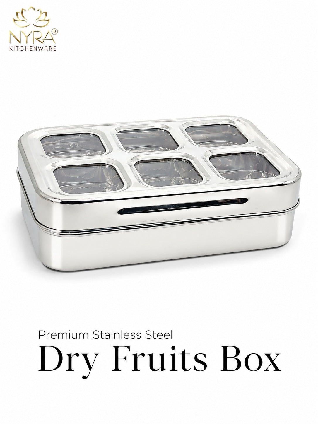 Stainless Steel 6 Compartment Dry Fruit/Spice Box for Kitchen Organization - See-Through Lid Masala/Snacks/Dry Fruit Box