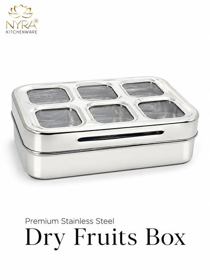 Stainless Steel 6 Compartment Dry Fruit/Spice Box for Kitchen Organization - See-Through Lid Masala/Snacks/Dry Fruit Box