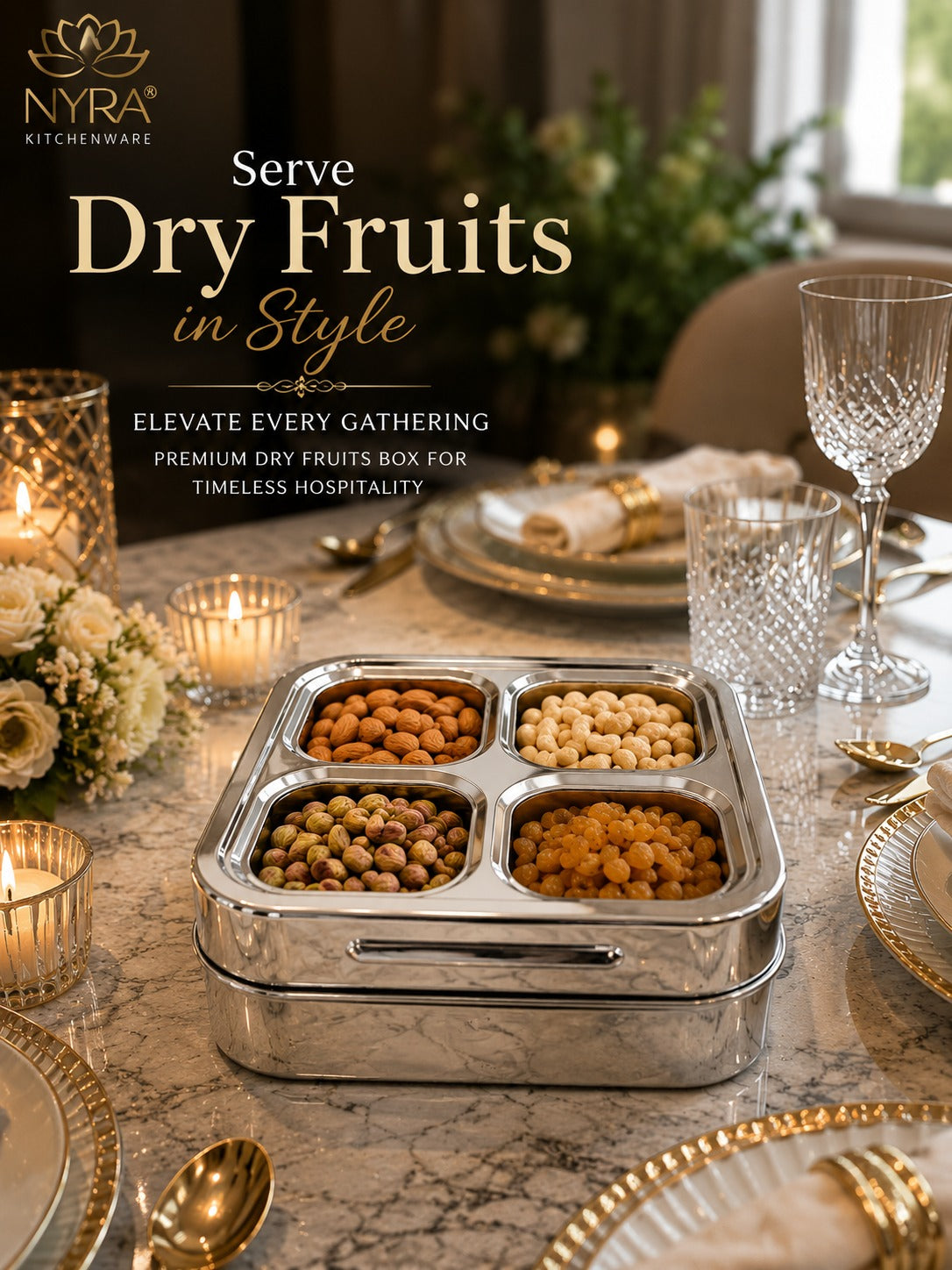 Stainless Steel 4-Compartment Dry Fruit Box with See-Through Lid