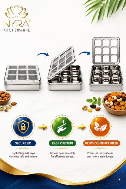 Stainless Steel 9 Compartment Dry fruit/Spice Box | Square-shaped Multipurpose Box | Kitchen Organiser with See-Through Lid