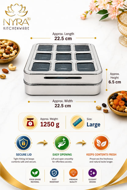 Stainless Steel 9 Compartment Dry fruit/Spice Box | Square-shaped Multipurpose Box | Kitchen Organiser with See-Through Lid