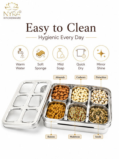 Stainless Steel 6 Compartment Dry Fruit/Spice Box for Kitchen Organization - See-Through Lid Masala/Snacks/Dry Fruit Box