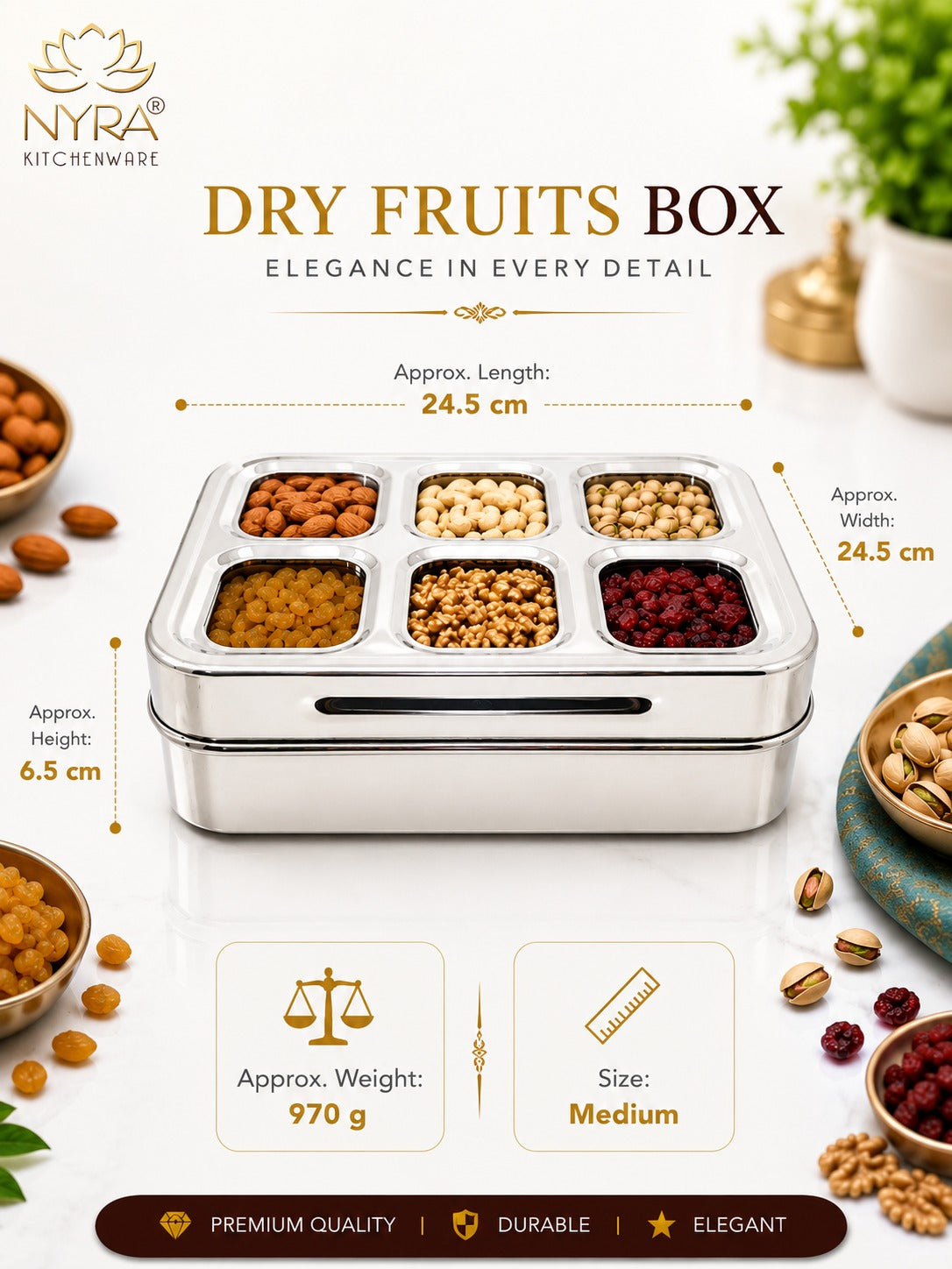 Stainless Steel 6 Compartment Dry Fruit/Spice Box for Kitchen Organization - See-Through Lid Masala/Snacks/Dry Fruit Box