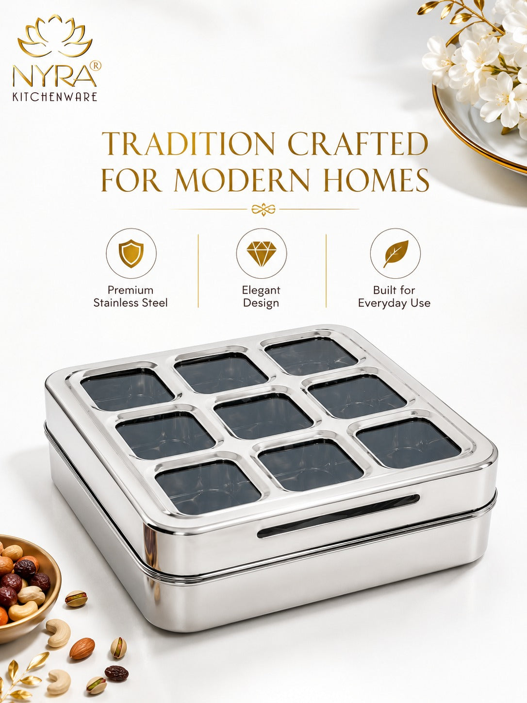 Stainless Steel 9 Compartment Dry fruit/Spice Box | Square-shaped Multipurpose Box | Kitchen Organiser with See-Through Lid