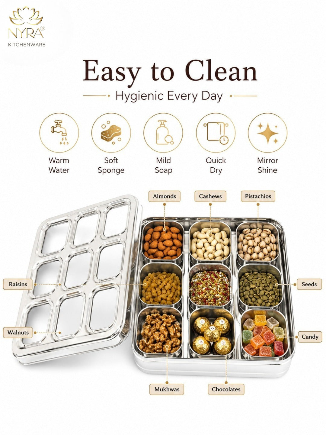 Stainless Steel 9 Compartment Dry fruit/Spice Box | Square-shaped Multipurpose Box | Kitchen Organiser with See-Through Lid