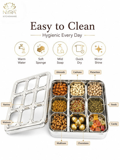 Stainless Steel 9 Compartment Dry fruit/Spice Box | Square-shaped Multipurpose Box | Kitchen Organiser with See-Through Lid