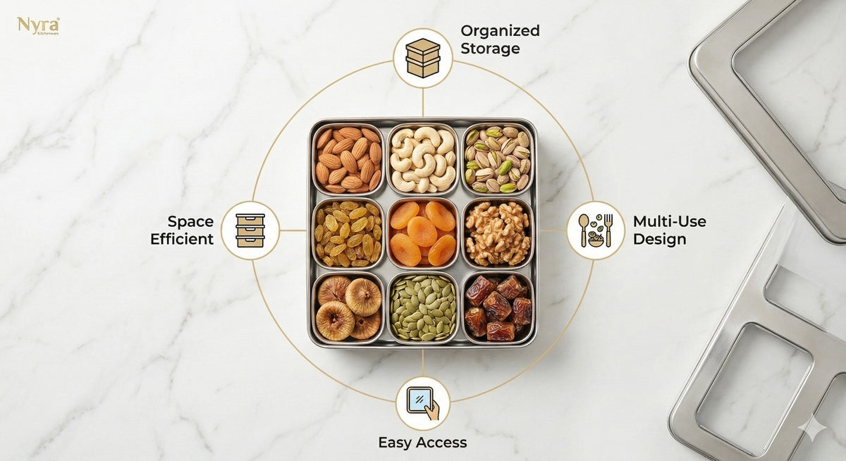 Stainless Steel 9 Compartment Dry fruit/Spice Box | Square-shaped Multipurpose Box | Kitchen Organiser with See-Through Lid