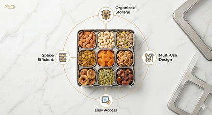 Stainless Steel 9 Compartment Dry fruit/Spice Box | Square-shaped Multipurpose Box | Kitchen Organiser with See-Through Lid