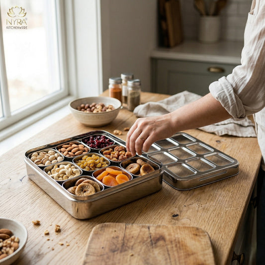 Stainless Steel 9 Compartment Dry fruit/Spice Box | Square-shaped Multipurpose Box | Kitchen Organiser with See-Through Lid