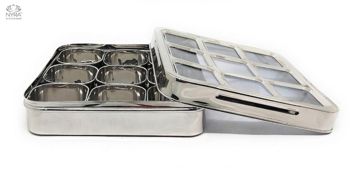 Stainless Steel 9 Compartment Dry fruit/Spice Box | Square-shaped Multipurpose Box | Kitchen Organiser with See-Through Lid