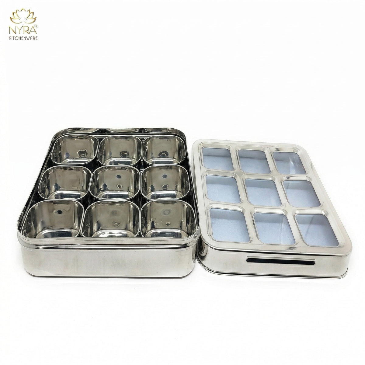 Stainless Steel 9 Compartment Dry fruit/Spice Box | Square-shaped Multipurpose Box | Kitchen Organiser with See-Through Lid