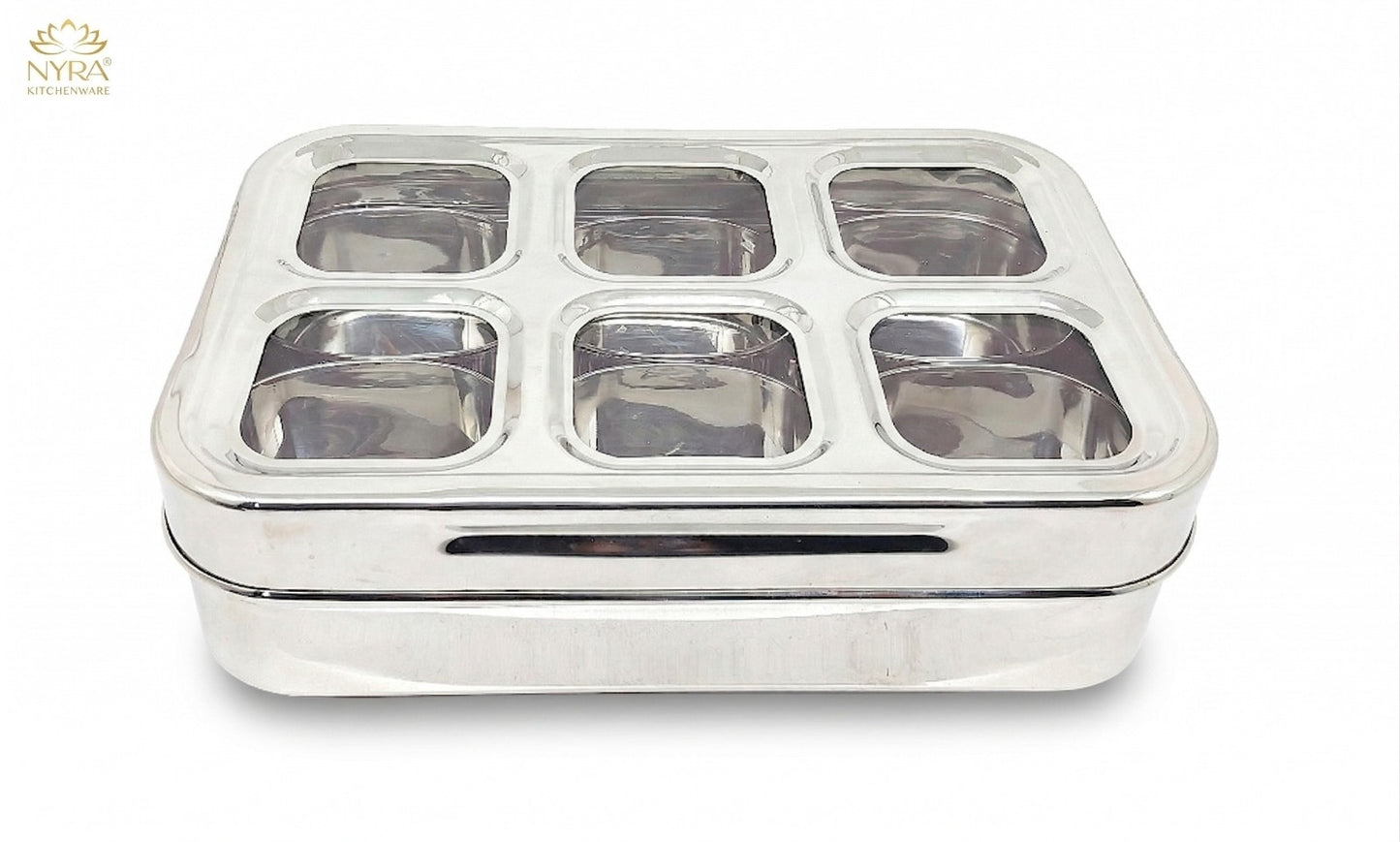 Stainless Steel 6 Compartment Dry Fruit/Spice Box for Kitchen Organization - See-Through Lid Masala/Snacks/Dry Fruit Box