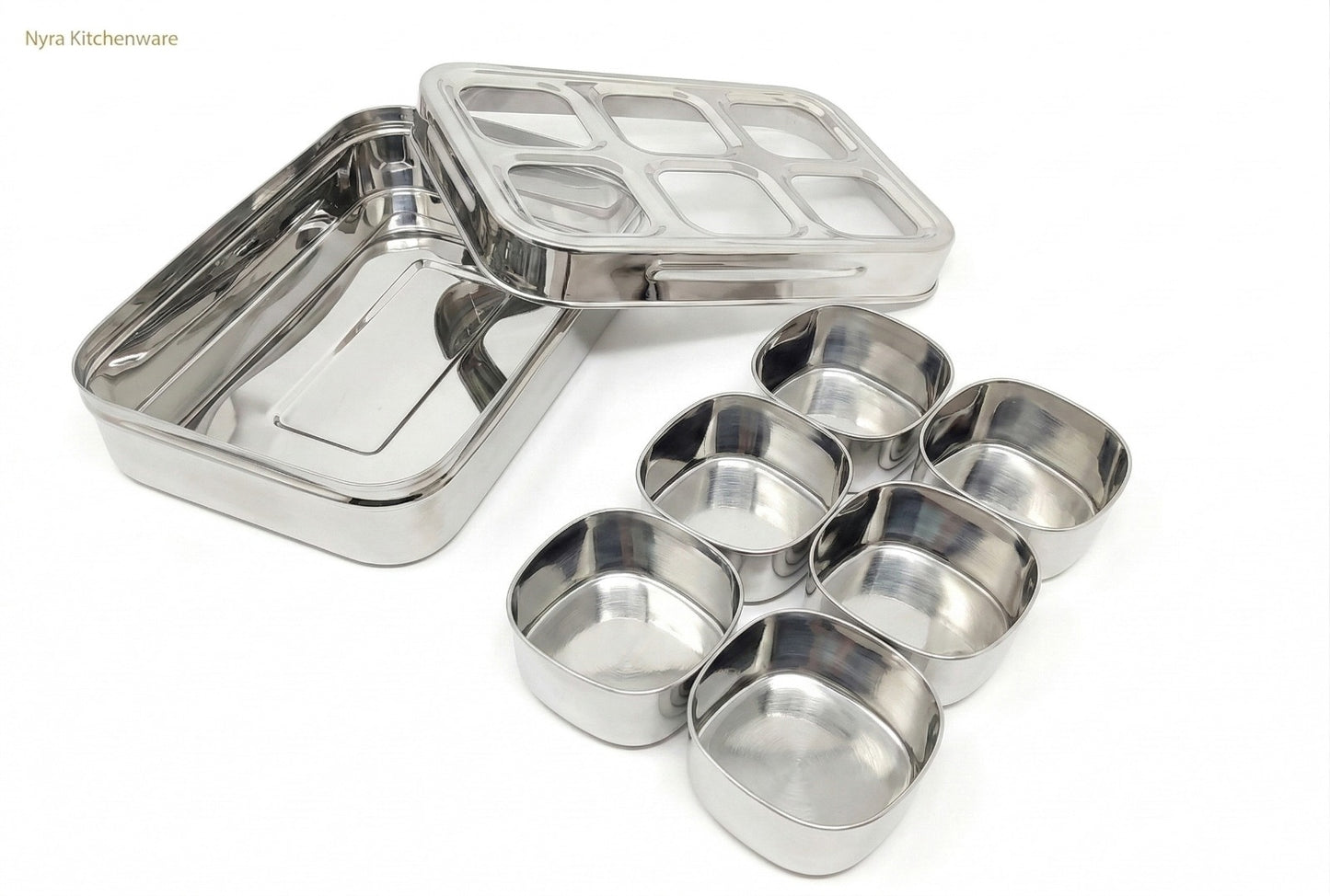 Stainless Steel 6 Compartment Dry Fruit/Spice Box for Kitchen Organization - See-Through Lid Masala/Snacks/Dry Fruit Box