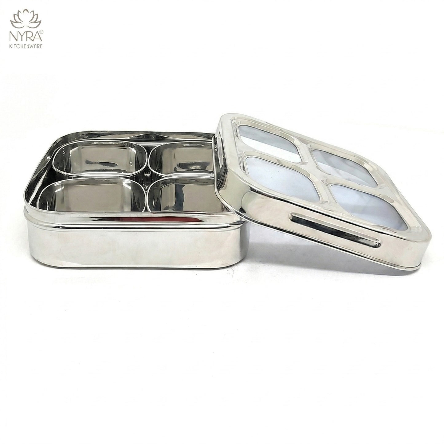 Stainless Steel 4-Compartment Dry Fruit Box with See-Through Lid