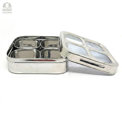 Stainless Steel 4-Compartment Dry Fruit Box with See-Through Lid