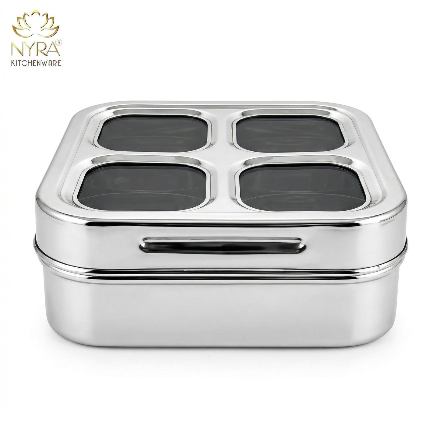 Stainless Steel 4-Compartment Dry Fruit Box with See-Through Lid