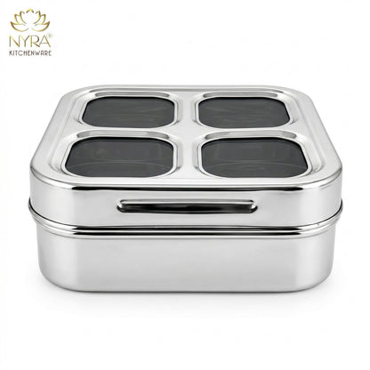 Stainless Steel 4-Compartment Dry Fruit Box with See-Through Lid