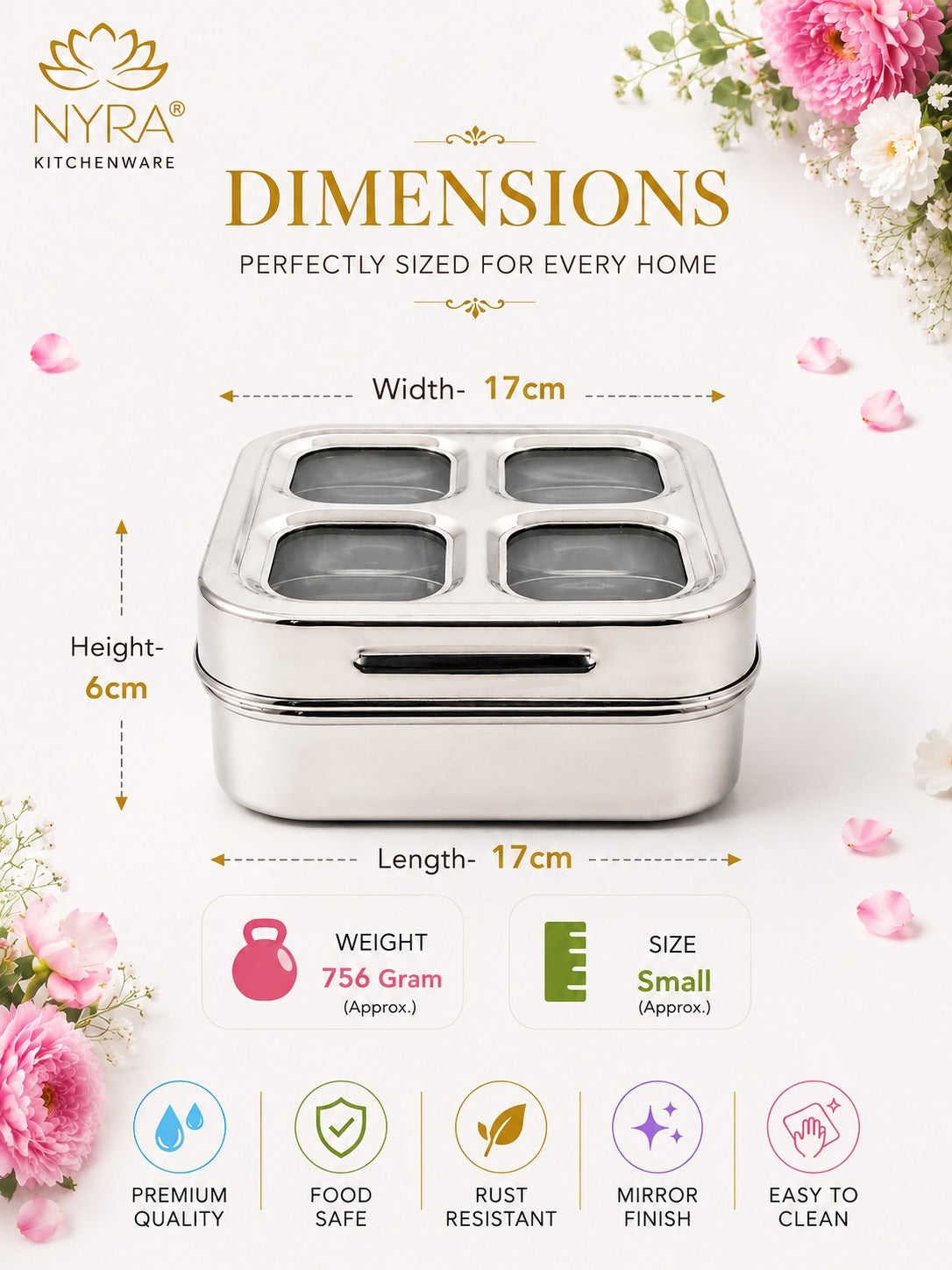 Stainless Steel 4-Compartment Dry Fruit Box with See-Through Lid