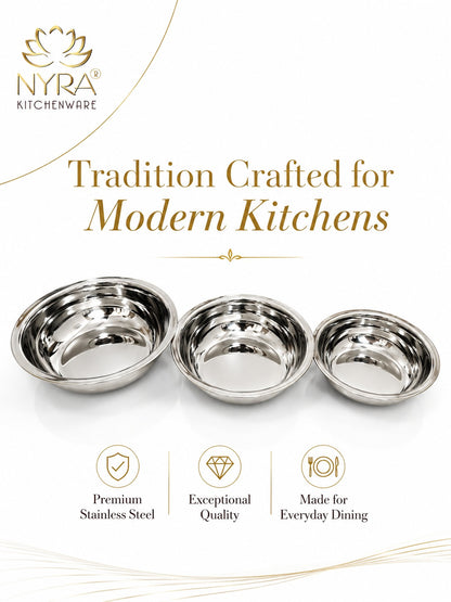 Deep Stainless Steel Multipurpose Bowls - Set of 6 for Serving & Dining