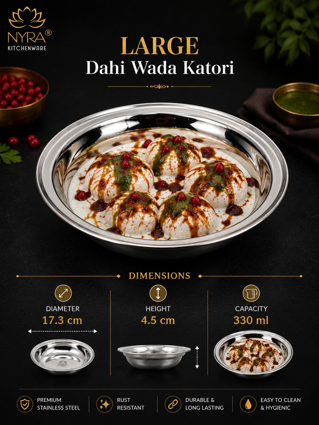 Deep Stainless Steel Multipurpose Bowls - Set of 6 for Serving & Dining