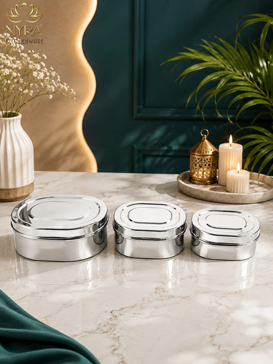 Capsule Shaped Multi-Purpose Stainless Steel Food Storage Container Set of 3 | Tiffin, Flat Canister, Dibba | Airtight & Glossy Finish | Kitchen Essentials |