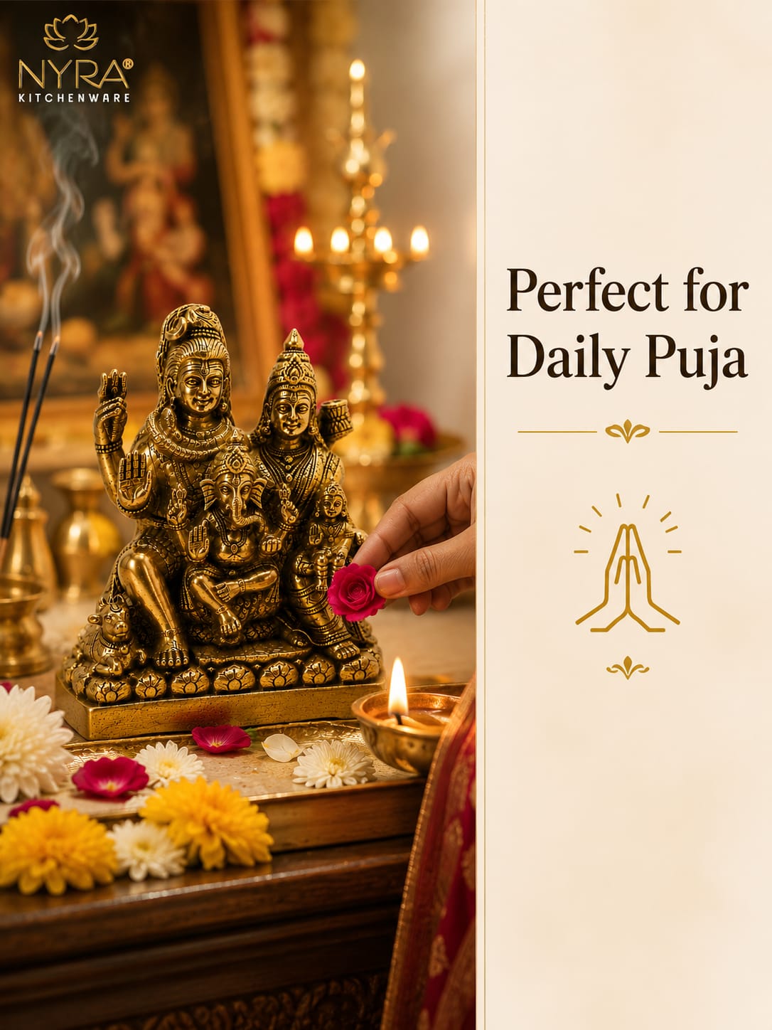 A brass Ganesha daily puja statue displayed on a wooden altar with flowers, incense, and a lit diya, alongside a cream-colored text panel on the right that reads 'Perfect for Daily Puja' with a praying hands icon. The NYRA Kitchenware logo is visible in the top left.