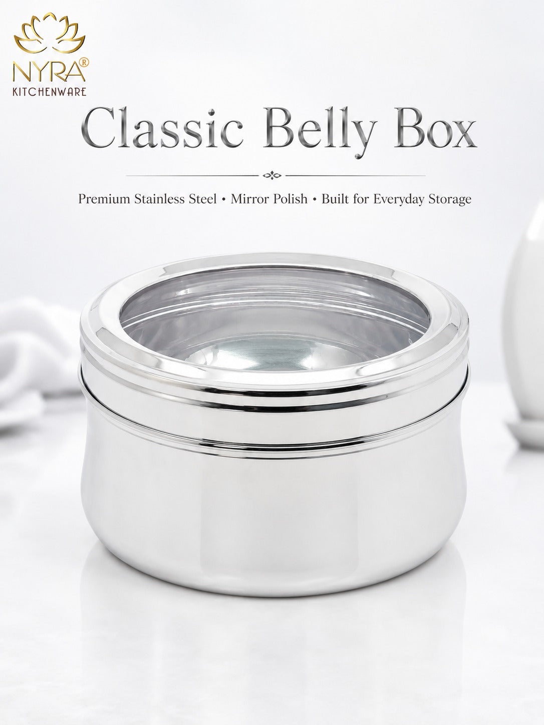 Stainless Steel Belly Box with Transparent Lid | Durable Multipurpose Food Storage