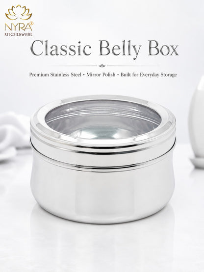 Stainless Steel Belly Box with Transparent Lid | Durable Multipurpose Food Storage