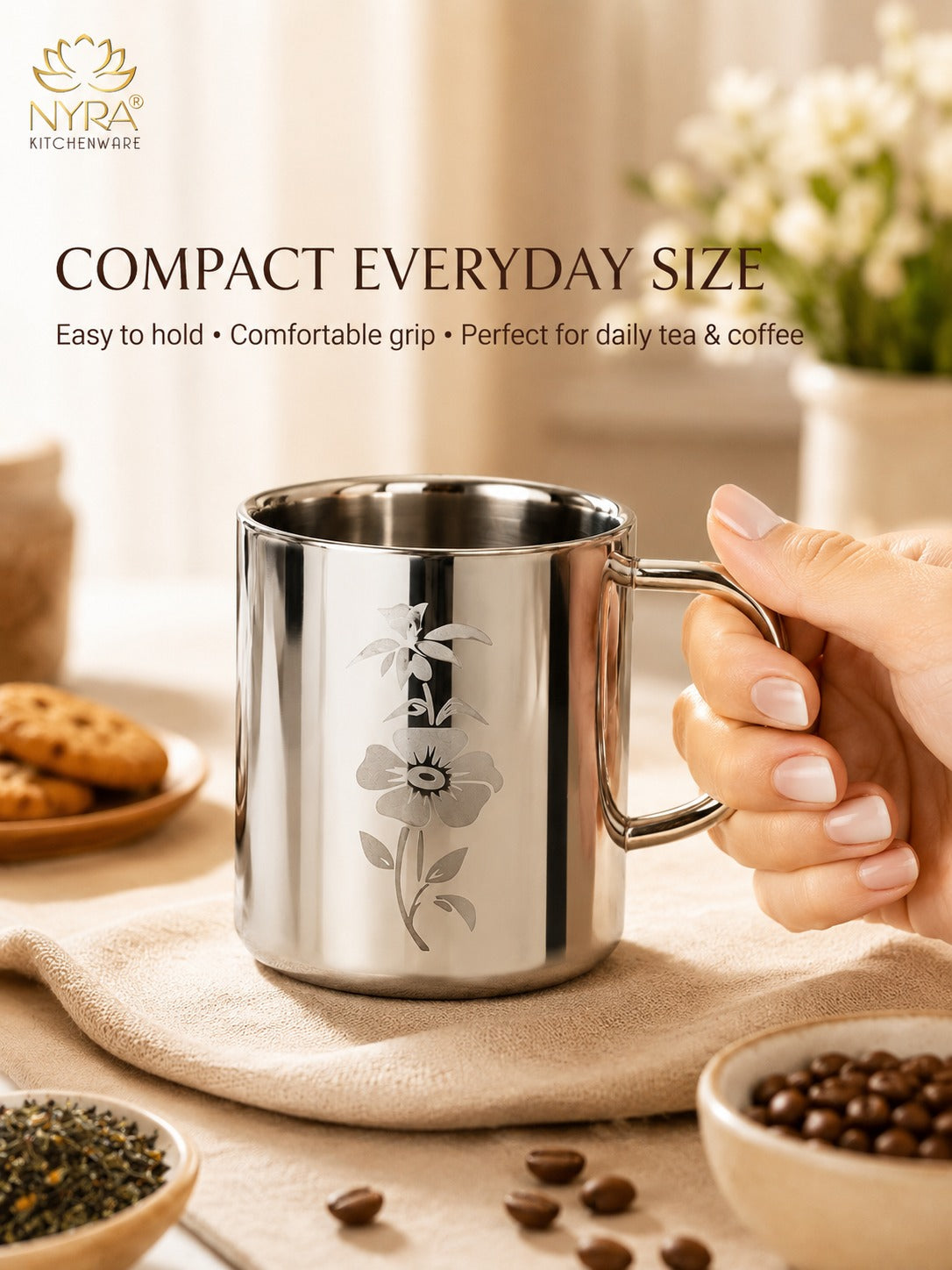 Stainless Steel Double-walled Mug/Cup Set - Floral Laser Printed