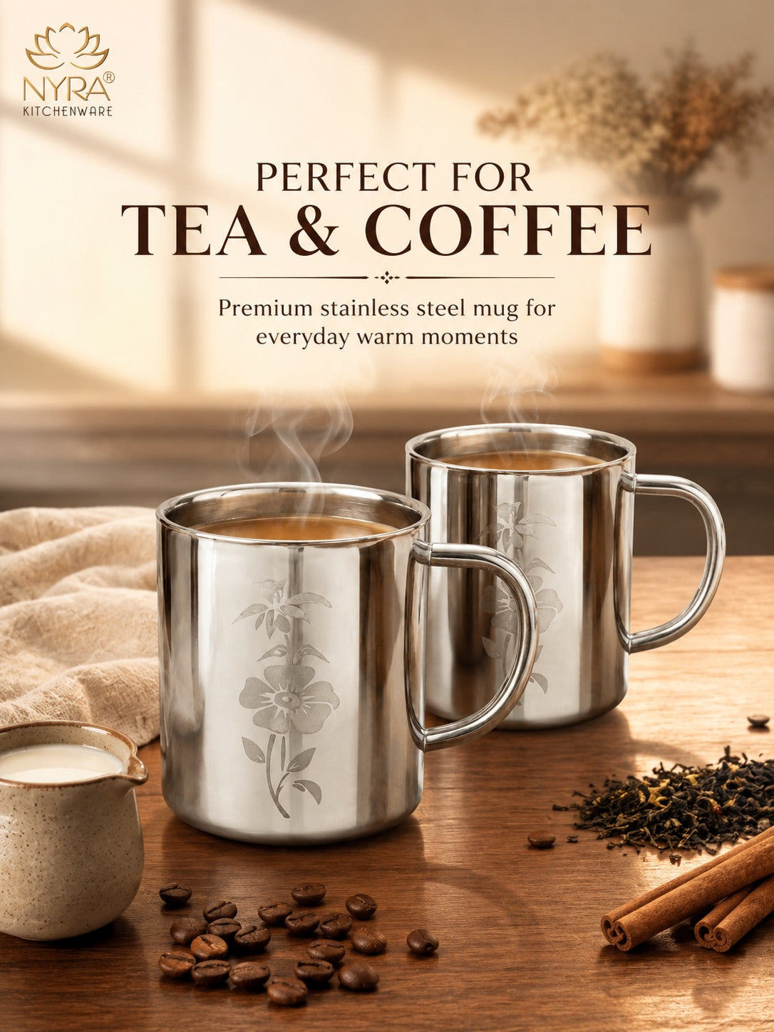 Stainless Steel Double-walled Mug/Cup Set - Floral Laser Printed