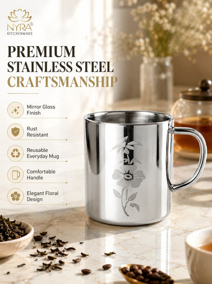 Stainless Steel Double-walled Mug/Cup Set - Floral Laser Printed