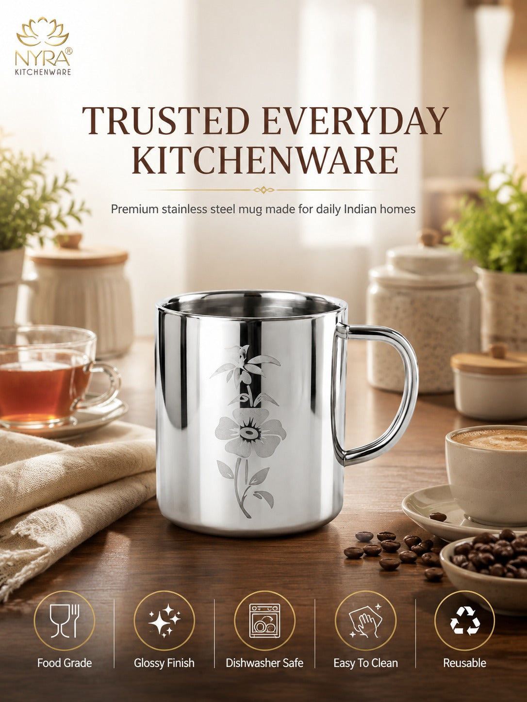 Stainless Steel Double-walled Mug/Cup Set - Floral Laser Printed