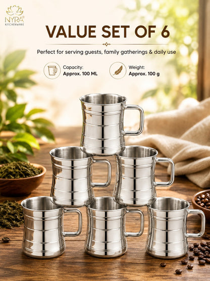 Stainless Steel Double-Walled Tea/Coffee Mug Set – Insulated 100 ml Glossy Finish Cups