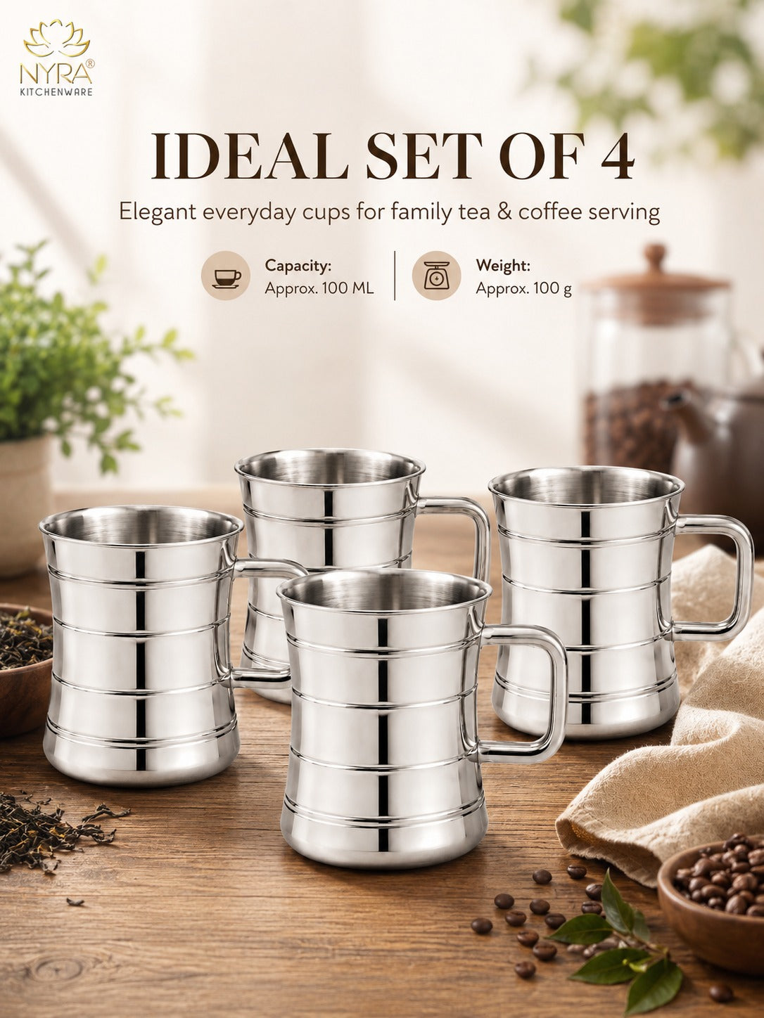 Stainless Steel Double-Walled Tea/Coffee Mug Set – Insulated 100 ml Glossy Finish Cups