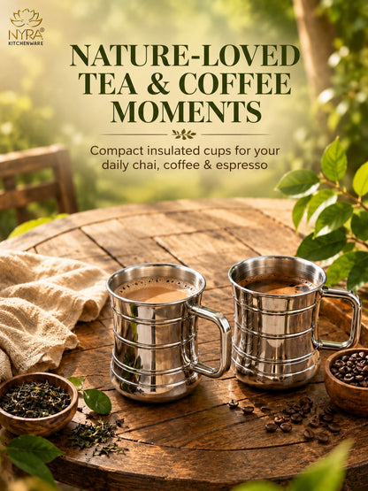 Stainless Steel Double-Walled Tea/Coffee Mug Set – Insulated 100 ml Glossy Finish Cups