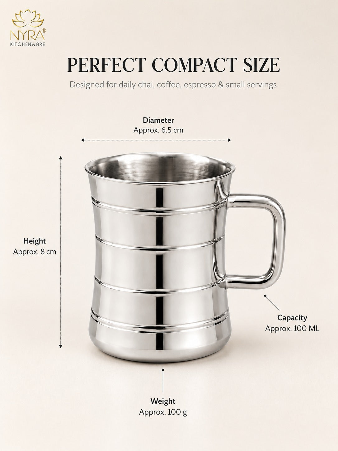 Stainless Steel Double-Walled Tea/Coffee Mug Set – Insulated 100 ml Glossy Finish Cups