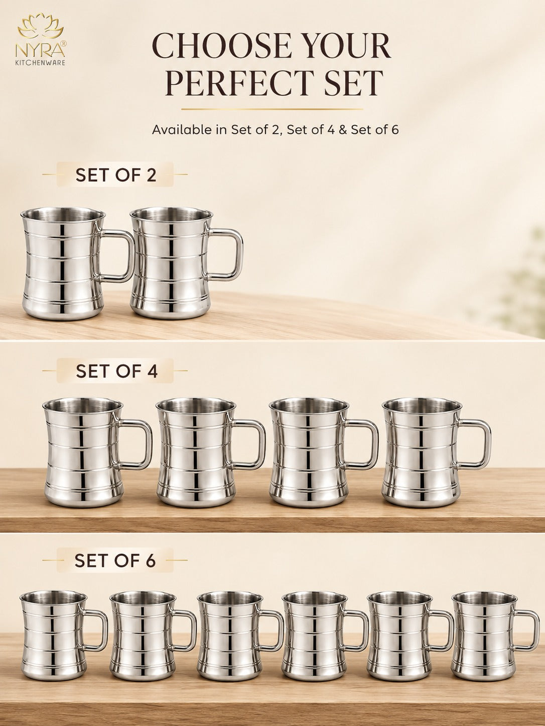 Stainless Steel Double-Walled Tea/Coffee Mug Set – Insulated 100 ml Glossy Finish Cups